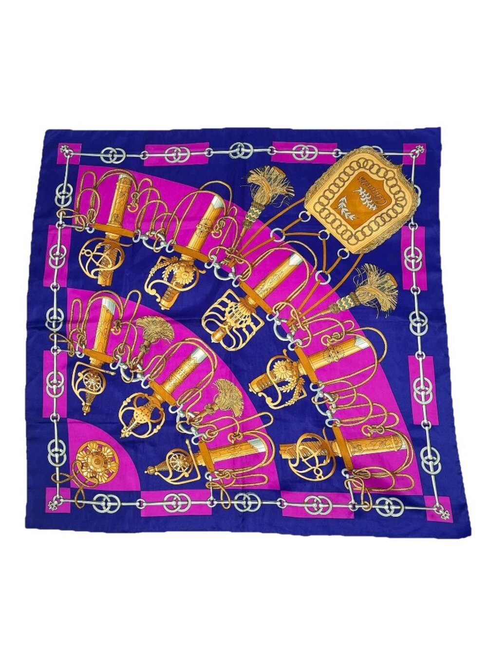 Vintage Equestrian Chain & Tassel Scarf Purple Gold Silk Feel 34” Square